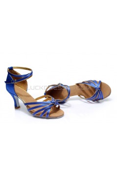 Women's Blue Gold Satin Heels Sandals Latin Salsa With Ankle Strap Dance Shoes D602010