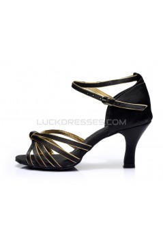 Women's Black Gold Satin Heels Sandals Latin Salsa With Ankle Strap Dance Shoes D602012