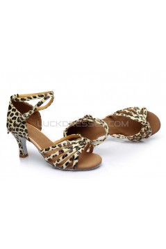 Women's Leopard Satin Heels Sandals Latin Salsa With Ankle Strap Dance Shoes D602015