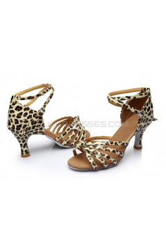 Women's Leopard Satin Heels Sandals Latin Salsa With Ankle Strap Dance Shoes D602015