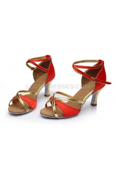 Women's Red Gold Satin Heels Sandals Latin Salsa With Ankle Strap Dance Shoes D602017