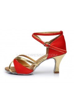 Women's Red Gold Satin Heels Sandals Latin Salsa With Ankle Strap Dance Shoes D602017