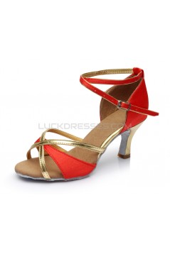 Women's Red Gold Satin Heels Sandals Latin Salsa With Ankle Strap Dance Shoes D602017