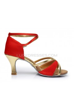 Women's Red Gold Satin Heels Sandals Latin Salsa With Ankle Strap Dance Shoes D602017