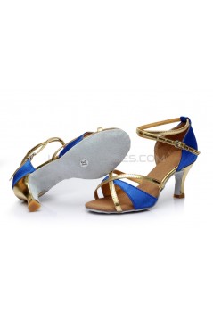 Women's Blue Gold Satin Heels Sandals Latin Salsa With Ankle Strap Dance Shoes D602018