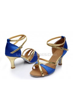 Women's Blue Gold Satin Heels Sandals Latin Salsa With Ankle Strap Dance Shoes D602018