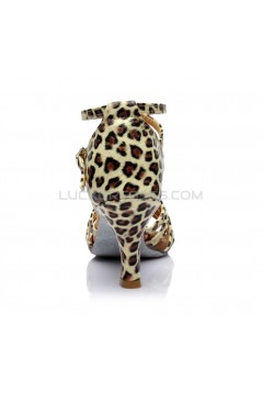 Women's Leopard Satin Heels Sandals Latin Salsa With Ankle Strap Dance Shoes D602022