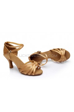 Women's Beige Satin Heels Sandals Latin Salsa With Ankle Strap Dance Shoes D602023