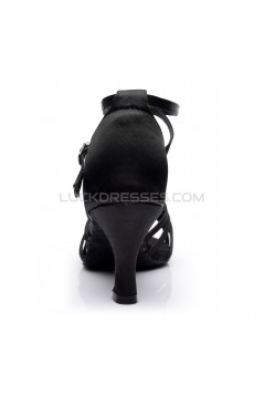 Women's Black Satin Heels Sandals Latin Salsa With Ankle Strap Dance Shoes D602024