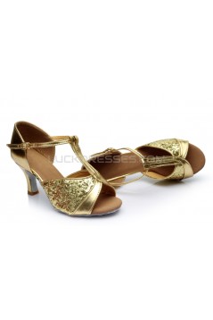 Women's Gold Sparkling Glitter Heels Sandals Latin Salsa T-Strap Dance Shoes Wedding Party Shoes D602029