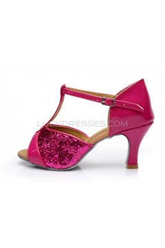 Women's Fuschia Sparkling Glitter Heels Sandals Latin Salsa T-Strap Dance Shoes D602030
