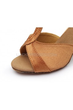 Women's Brown Satin Heels Sandals Latin Salsa Ballroom T-Strap Dance Shoes D602031