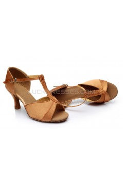 Women's Brown Satin Heels Sandals Latin Salsa Ballroom T-Strap Dance Shoes D602031