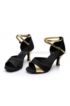 Women's Black Gold Satin Heels Sandals Latin Salsa With Ankle Strap Dance Shoes D602033