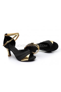 Women's Black Gold Satin Heels Sandals Latin Salsa With Ankle Strap Dance Shoes D602033