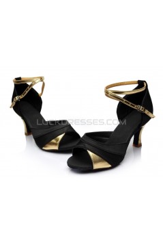 Women's Black Gold Satin Heels Sandals Latin Salsa With Ankle Strap Dance Shoes D602033