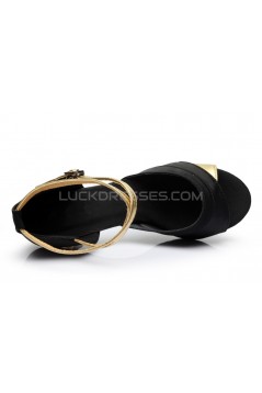 Women's Black Gold Satin Heels Sandals Latin Salsa With Ankle Strap Dance Shoes D602033