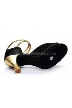 Women's Black Gold Satin Heels Sandals Latin Salsa With Ankle Strap Dance Shoes D602033