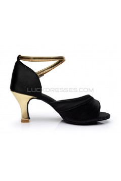 Women's Black Gold Satin Heels Sandals Latin Salsa With Ankle Strap Dance Shoes D602033