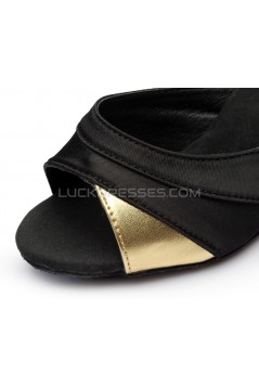 Women's Black Gold Satin Heels Sandals Latin Salsa With Ankle Strap Dance Shoes D602033