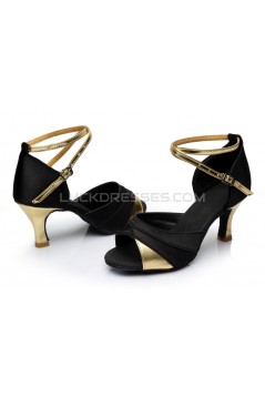Women's Black Gold Satin Heels Sandals Latin Salsa With Ankle Strap Dance Shoes D602033