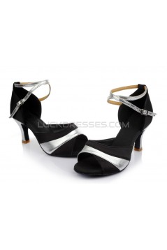 Women's Black Silver Satin Heels Sandals Latin Salsa With Ankle Strap Dance Shoes D602038
