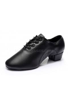 Men's Kids' Black Soft Leather Modern Ballroom Latin Dance Shoes Dance Sneakers Flat Heel D603007