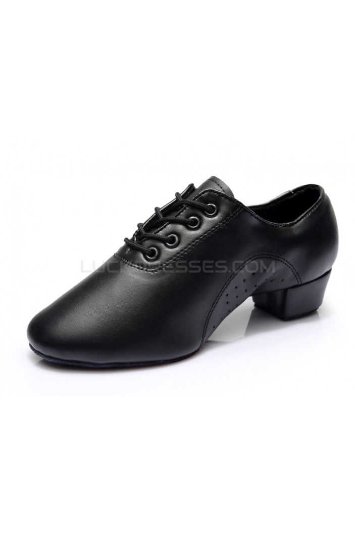 Men's Kids' Black Soft Leather Modern Ballroom Latin Dance Shoes Dance Sneakers Flat Heel D603007