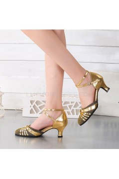 Women's Gold Leatherette Sparkling Glitter Heels Latin With Buckle Dance Shoes D801027