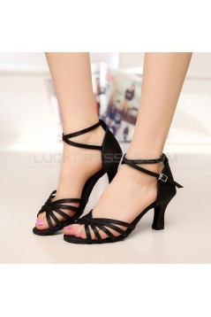 Women's Heels Black Satin Modern Ballroom Latin Salsa Ankle Strap Dance Shoes D901003