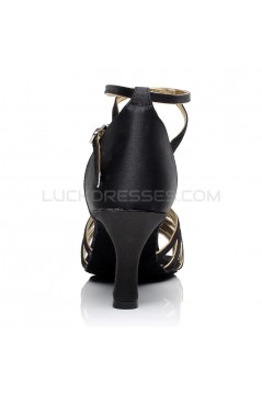Women's Heels Black Gold Satin Modern Ballroom Latin Salsa Ankle Strap Dance Shoes D901005
