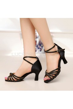 Women's Heels Black Gold Satin Modern Ballroom Latin Salsa Ankle Strap Dance Shoes D901006