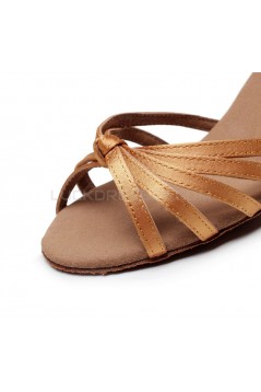 Women's Heels Brown Satin Modern Ballroom Latin Salsa Ankle Strap Dance Shoes D901009