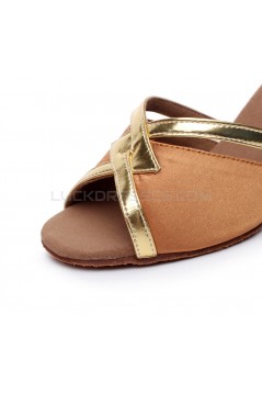 Women's Heels Brown Gold Satin Leatherette Modern Ballroom Latin Salsa Ankle Strap Dance Shoes D901015