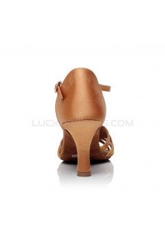 Women's Heels Brown Satin Modern Ballroom Latin Salsa T-Strap Dance Shoes D901016