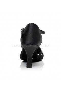 Women's Heels Black Satin Modern Ballroom Latin Salsa T-Strap Dance Shoes D901017