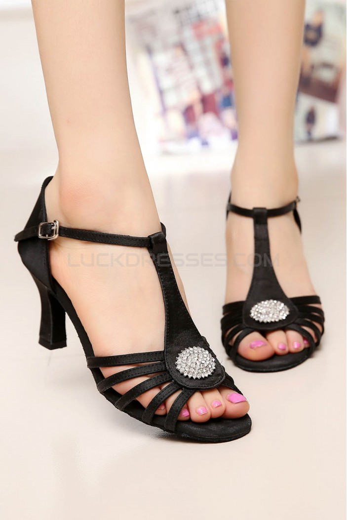 Women's Heels Black Satin Modern Ballroom Latin Salsa T-Strap Dance Shoes D901017