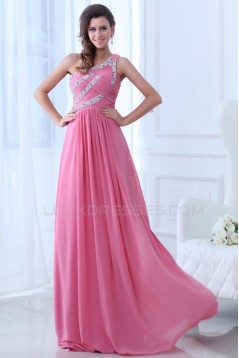 A-Line One-Shoulder Long Pink Beaded Chiffon Prom Evening Formal Party Dresses ED010002