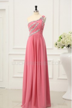 A-Line One-Shoulder Long Pink Beaded Chiffon Prom Evening Formal Party Dresses ED010002
