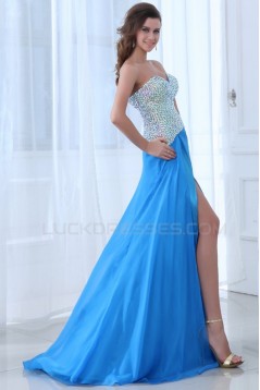 A-Line Sweetheart Beaded Long Blue Chiffon Prom Evening Formal Party Dresses ED010004