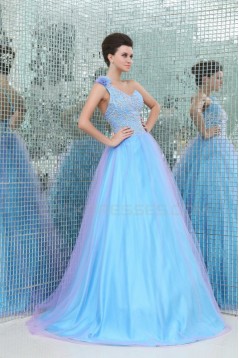 A-Line One-Shoulder Beaded Long Blue Prom Evening Formal Party Dresses ED010024
