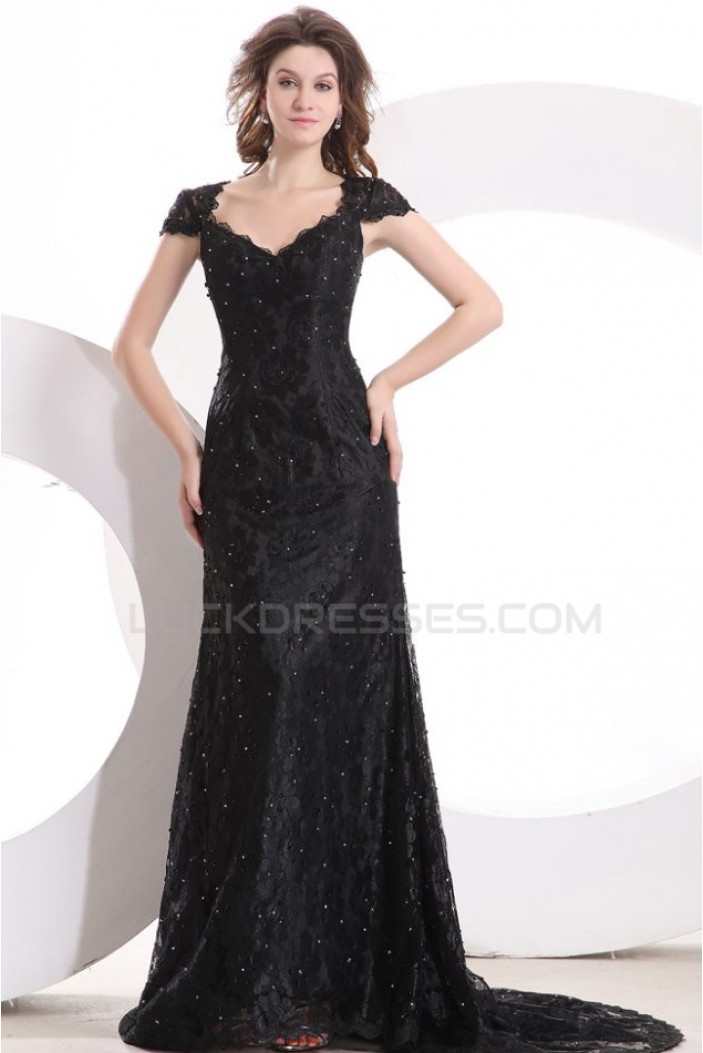 Cap Sleeve Long Black Lace Prom Evening Formal Party Dresses ED010033