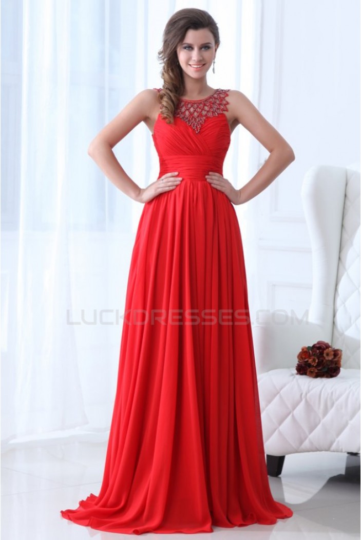 A-Line Beaded Long Red Chiffon Prom Evening Formal Party Dresses ED010059