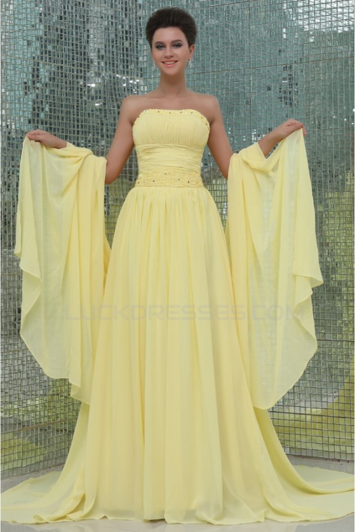 A-Line Strapless Beaded Long Yellow Chiffon Prom Evening Formal Party Dresses ED010061