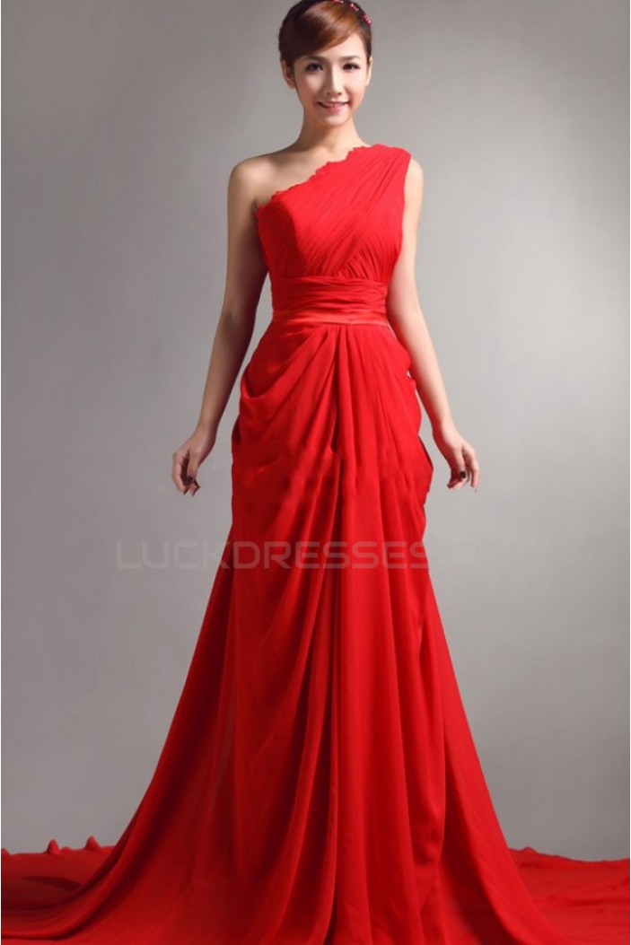 Long Red One-Shoulder Chiffon Prom Evening Formal Party Dresses ED010064