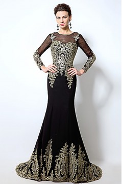 Formal Evening Dress Trumpet Mermaid Long Sleeves Brush Train Chiffon with Appliques ED010075