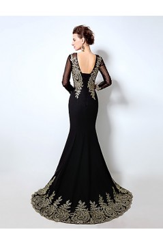 Formal Evening Dress Trumpet Mermaid Long Sleeves Brush Train Chiffon with Appliques ED010075