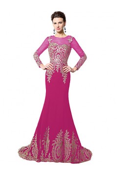 Formal Evening Dress Trumpet Mermaid Long Sleeves Brush Train Chiffon with Appliques ED010075
