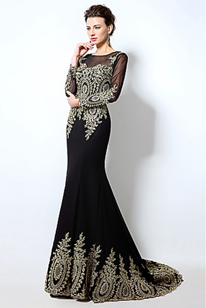 Formal Evening Dress Trumpet Mermaid Long Sleeves Brush Train Chiffon with Appliques ED010075
