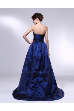 A-Line Strapless Beaded Blue Taffeta Prom Evening Formal Dresses ED011006